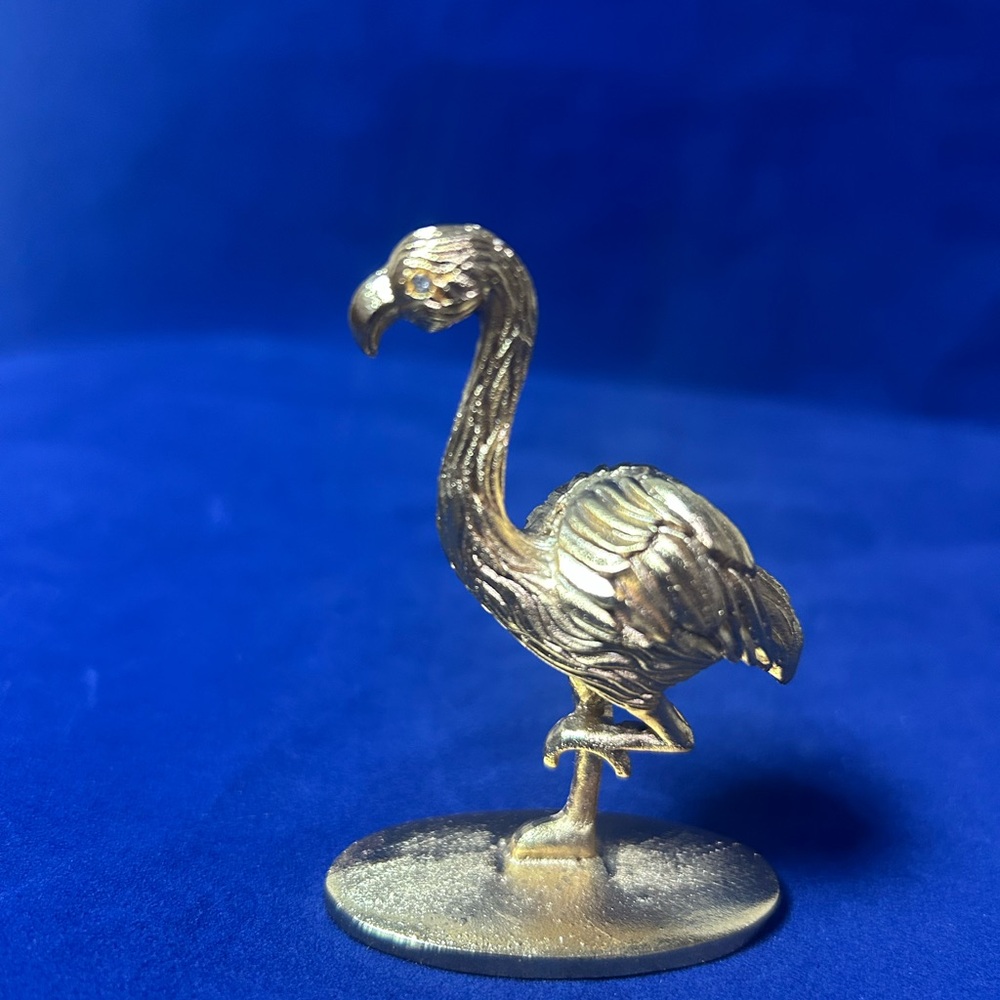 Gold tone Flamingo Figurine with Sparkling Stone Eyes 3” Tall Decorative